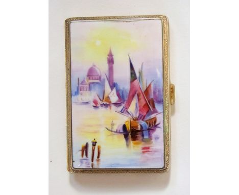 Enamel silver coloured metal and brass cigarette case with gilt gold plated interior, the enamel front depicting Chinese styl