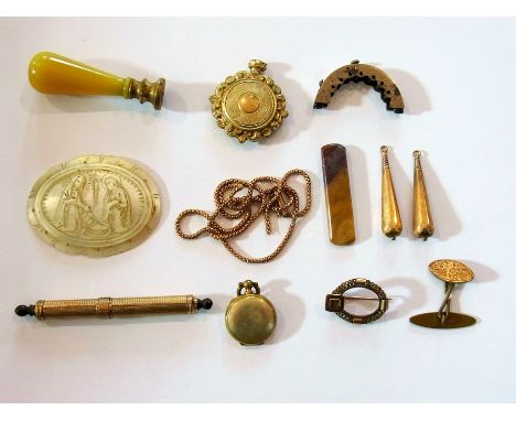 Pair gold coloured earring drops, faceted, Victorian gold-mounted hair brooch, seal, gold-coloured locket brooch, circular an