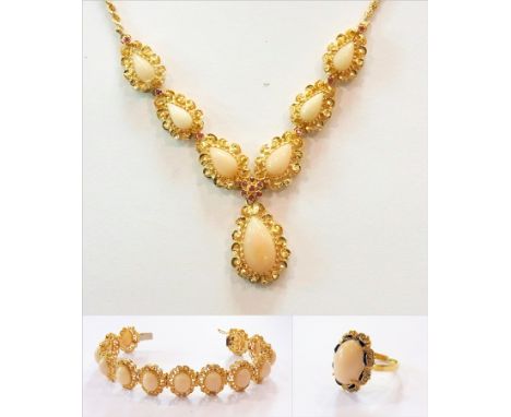 18ct gold coral, blue enamel, diamond and ruby demi-parure of three pieces viz:- necklace set seven tear-shaped corals and cl
