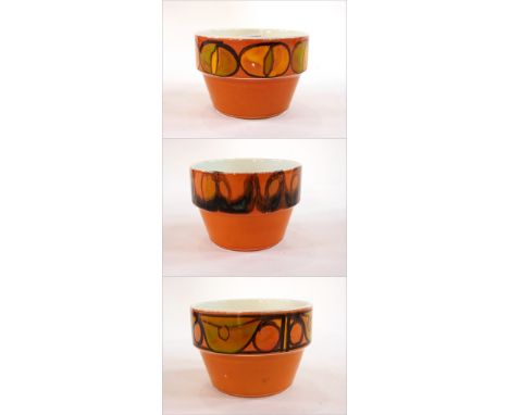 Three Poole pottery Delphis design planters, two of the large planters have circular and ovoid depictions in yellow, green an