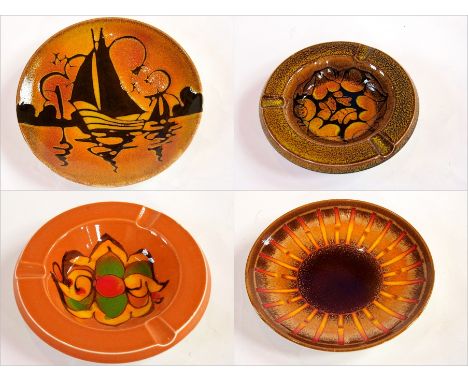 Two Poole ashtrays, one of which is Aegean and the other Delphis, 20cm diameter, and two Poole plates, one Aegean, the plate 