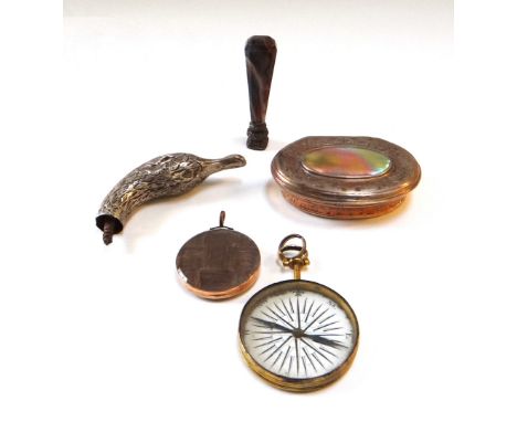 A Pinchbeck type pocket compass, 19th century, in an engraved gilt metal case (4.5cm), a Victorian seal with facet cut handle