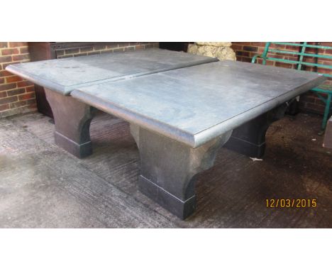 A 20th century rectangular marble centre table on trestle end standards, 100cm wide x 180cm long. 