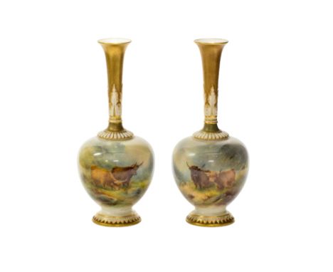 A pair of Royal Worcester vases by Harry Stinton, circa 1917, bulbous with tall flared necks, each painted with two Highland 