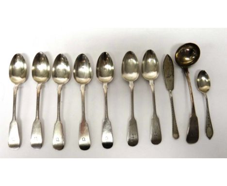 Seven Victorian Scottish silver fiddle pattern teaspoons, Glasgow 1842, a Scottish silver fiddle pattern sauce ladle, Glasgow