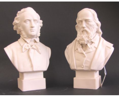 Two Robinson and Leadbeater parian busts, 'Mendelssohn' and 'Tennyson', both on a square plinth, titled and with incised 'R&L