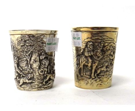 Two beakers, each of tapered form, decorated with hunting scenes with dogs, detailed 800, probably German.  