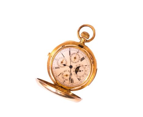 A gentleman's gold cased, keyless wind, hunting cased, minute repeating, calendar stop seconds pocket watch, the gilt, jewele