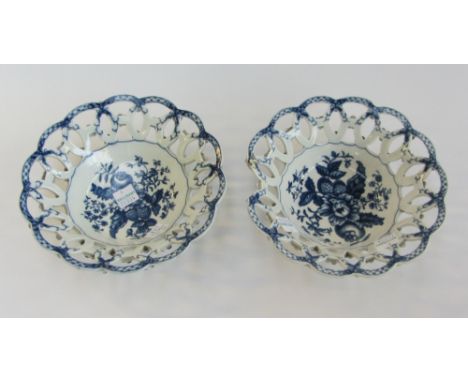 A pair of small Worcester blue and white pierced baskets, circa 1770, each transfer printed with the Pine Cone pattern, blue 
