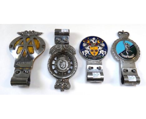 Four vintage car badges, comprising; a yellow and chrome AA badge 'The Royal Automobile club and two Royal corps enamel badge