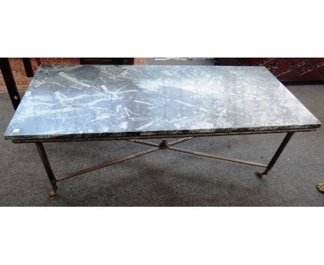 A 20th century rectangular coffee table, the marble top on a gilt brass base with four hoof feet, 127cm wide. 