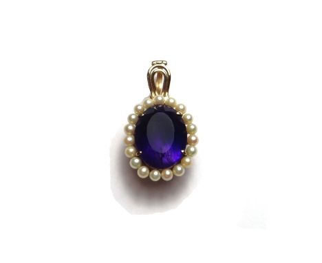 A gold, amethyst and cultured pearl set pendant, claw set with the oval cut amethyst at the centre, within a surround of cult