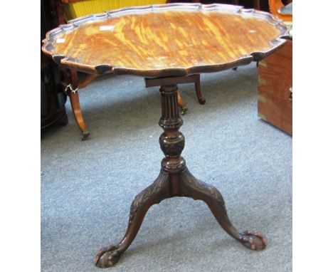 An 18th century mahogany pie crust snap top tripod occasional table with bird cage mount and ball and claw feet, 74cm wide. 1