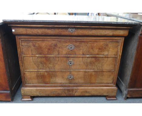 A 19th French marble top commode with figured walnut five drawer base, 127cm wide.