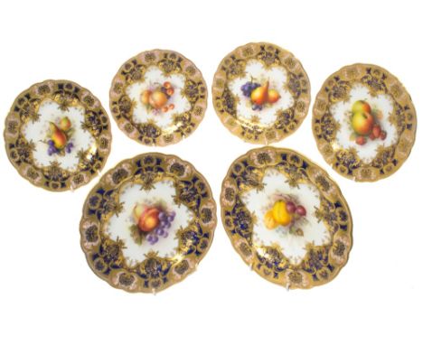 Six Royal Worcester fruit plates by Richard Sebright, circa 1910-1923, each painted with fruit and flowers, signed R.Sebright