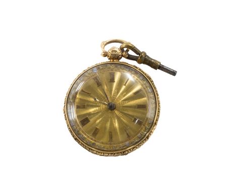 An 18ct gold cased, key wind, openfaced pocket watch, the gilt fusee movement with a lever escapement, the backplate detailed