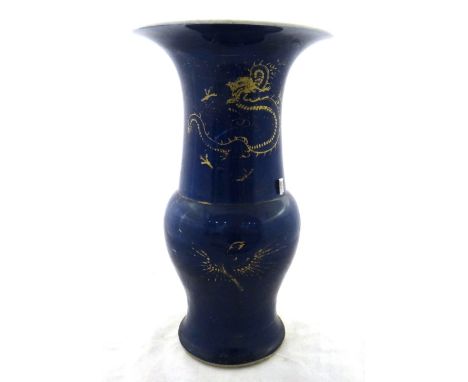 A group of Chinese blue ground wares, 18th/19th century, comprising; a gu-shaped vase gilt with dragons and phoenix, 40cm.hig