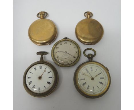 Two gentlemen's gilt metal cased, keyless wind, hunting cased pocket watches, a shagreen cased openfaced dress watch, a base 