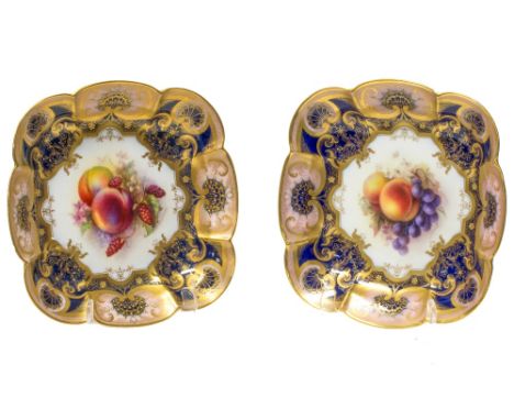 Two Royal Worcester lobed square dessert dishes by Richard Sebright, circa 1912 and 1923. each painted in the centre with fru