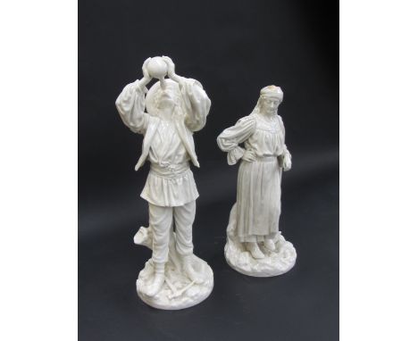 A pair of Worcester white glaze porcelain figures by James Hadley, each modelled as Romanian farm workers on a naturalistic c