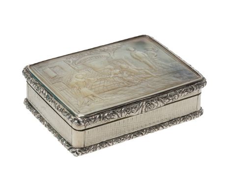A George IV silver and mother of pearl rectangular hinge lidded snuff box, the cover decorated with a group of five figures i