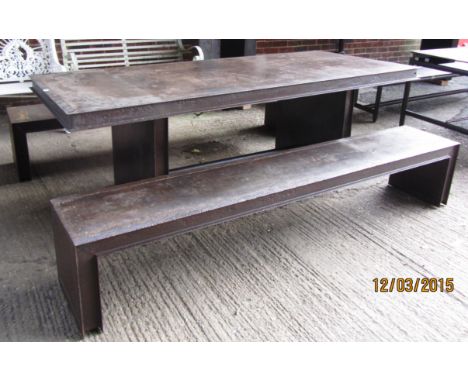 An industrial style steel rectangular table on slab end supports, 100cm wide x 230cm long, together with a pair of matching b