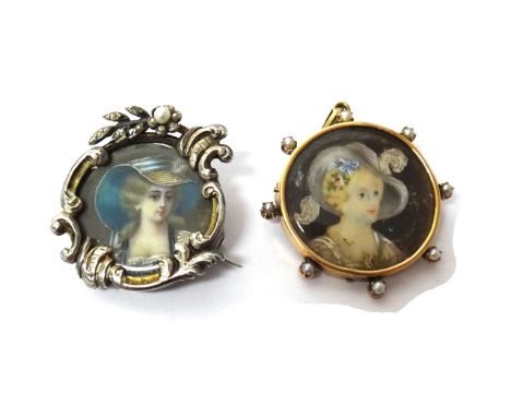 A French silver portrait miniature of a lady wearing a hat, mounted as a brooch, decorated with a seed pearl set spray and a 