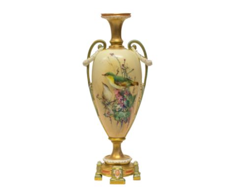 A Royal Worcester two-handled vase by Charles Baldwyn, circa 1900, of slender ovoid form, the high scroll handles suspended w