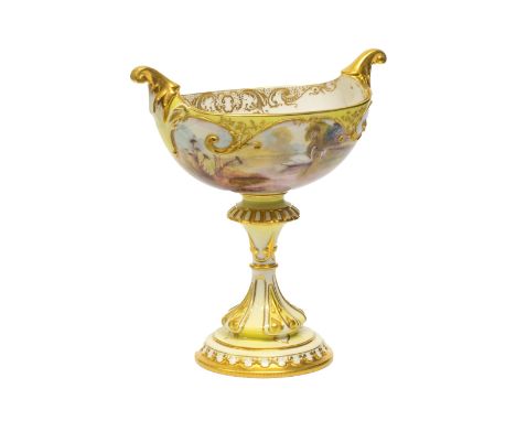 A Royal Worcester `Hadleys Ware' yellow ground two-handled pedestal bowl by J.W Sedgley, circa 1905, the oval bowl painted al