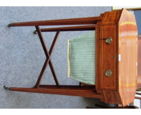 A George III inlaid mahogany canted rectangular single drawer work table with pleated silk wool box on tapering square suppor