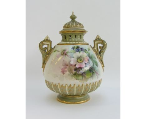 A Royal Worcester two-handled pot pourri vase and cover by George Cole, circa 1900, the squat body painted with dog roses and