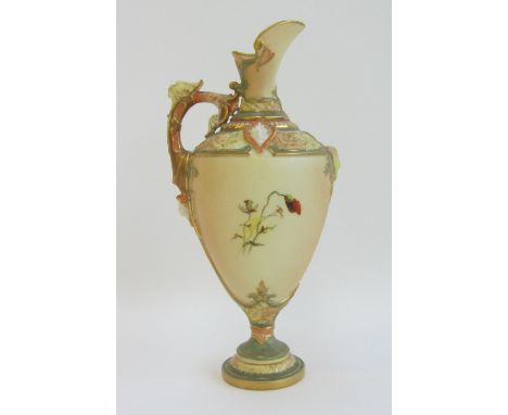 A Royal Worcester ewer, circa 1903, set with scroll and acanthus moulded handle with mask terminal, painted with flowers agai