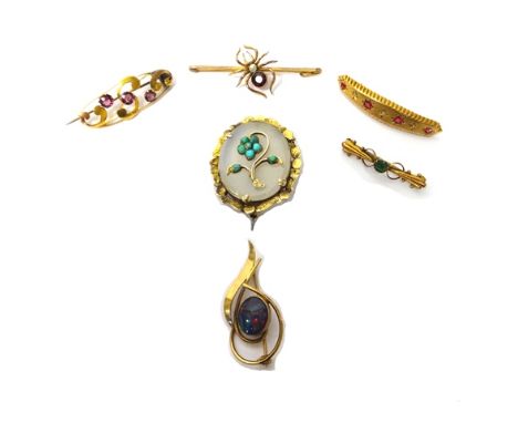 A Victorian gold, turquoise and agate set oval brooch, the centre with a flower spray motif, a gold, garnet and cultured pear