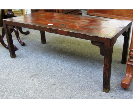 A late 19th century Chinese chinoiserie decorated rectangular low table on block supports, 92cm wide. 