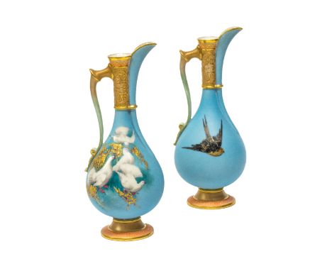 A pair of Royal Worcester small ewers by Charles Baldwyn, circa 1906, of Persian form, each pear shaped body painted with fan