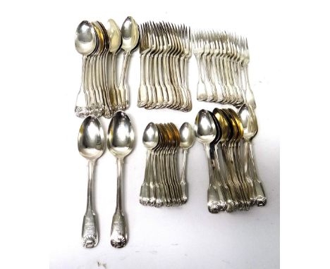 A silver fiddle, thread and single shell pattern part canteen of table flatware, comprising; twelve dessert forks, London 181