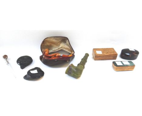 A quantity of collectables comprising; a burr maple snuff box, 19th century (7.5cm wide), a Meerschaum pipe, early 20th centu