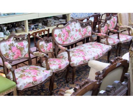 A late 19th century French stained beech five piece salon suite to comprise; sofa, 133cm wide, pair of armchairs and a pair o