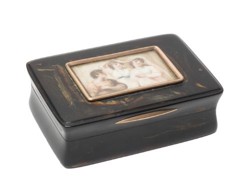 A rectangular tortoiseshell hinge lidded snuff box, the cover glazed with a miniature view of two ladies wearing white dresse