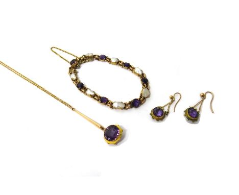 A gold, amethyst and blister pearl set bracelet, on a snap clasp, detailed 9 CT, with a safety chain, a pair of amethyst set 