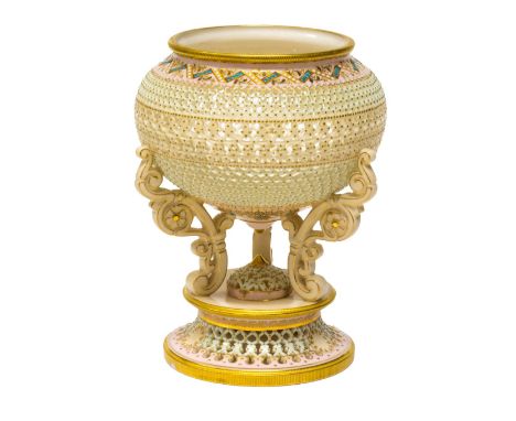 An early Royal Worcester vase by George Owen, 1892, of compressed globular form supported by scroll moulded tripod feet raise