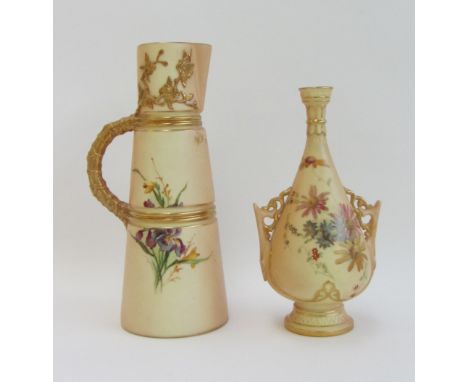 A Royal Worcester claret jug, circa 1900, moulded with gilt prunus blossom and painted with insects and flowers on a shaded a