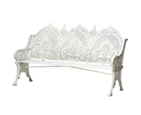 A Coalbrookdale design white painted cast iron garden bench with triple arch back and slatted seat, 173cm wide.   Illustrated
