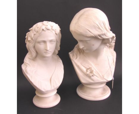 A Copeland parian bust 'Purity' raised on a socle, impressed marks 'Pub November, Copeland M Noble', 31cm high, and another C