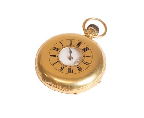 A gentleman's 18ct gold cased, keyless wind, half hunting cased pocket watch, with a gilt three quarter plate jeweled lever m