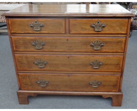 An 18th century herringbone banded mahogany chest of two short and three long graduated drawers on bracket feet, 92cm wide. 