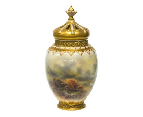 A Royal Worcester vase and cover and inner cover by John Stinton, circa 1916, of ovoid form, painted with two Highland cattle