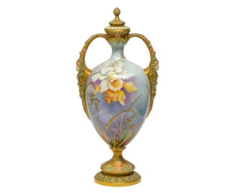 A tall Royal Worcester two-handled vase and cover, circa 1900, the handles, cover, rim and foot with moulded rococo decoratio