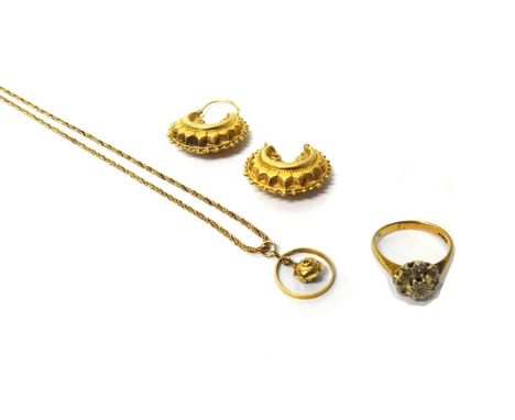 A 9ct gold and diamond set cluster ring, a pair of 9ct gold hoop shaped earrings and a 9ct gold neckchain, on a boltring clas