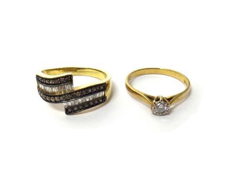 A 9ct gold and diamond set single stone ring, mounted with a circular cut diamond, ring size M and a half and a 9ct gold and 